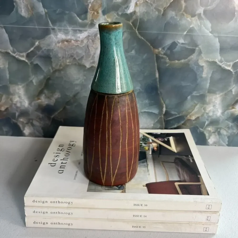 Studio Art Vase Pottery Stoneware Blue Brown Geometric Carved Sullivan Vermont